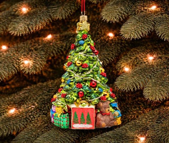 Suspension de Noël sapin décoré cadeaux ours verre soufflé vert rouge or H16cm - Lilosquare