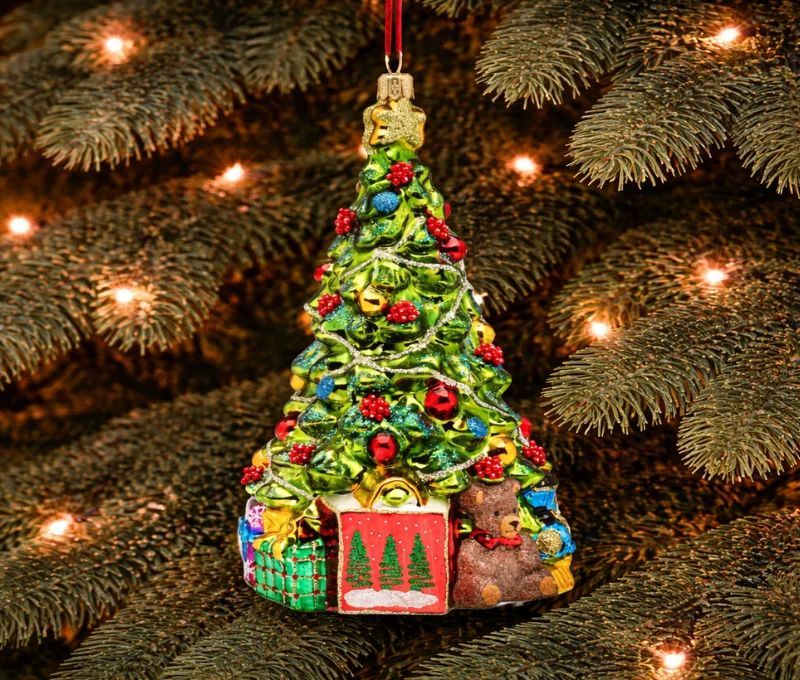 Suspension de Noël sapin décoré cadeaux ours verre soufflé vert rouge or H16cm - Lilosquare