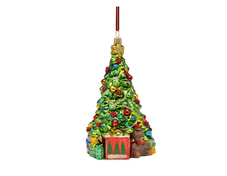 Suspension de Noël sapin décoré cadeaux ours verre soufflé vert rouge or H16cm - Lilosquare