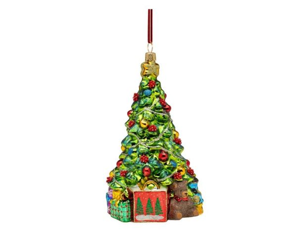 Suspension de Noël sapin décoré cadeaux ours verre soufflé vert rouge or H16cm - Lilosquare