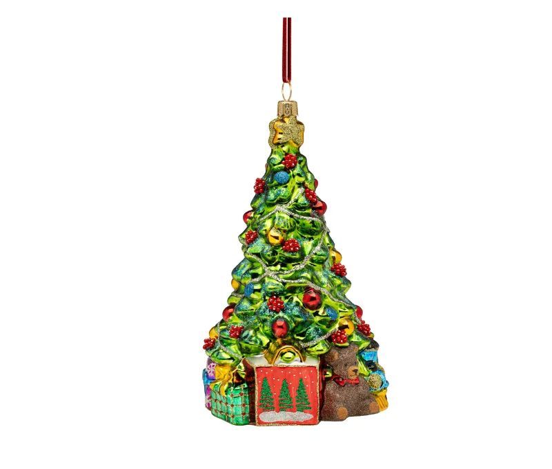 Suspension de Noël sapin décoré cadeaux ours verre soufflé vert rouge or H16cm - Lilosquare