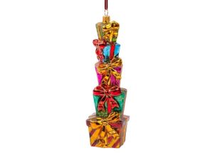 Suspension de Noël pile cadeaux verre soufflé multicolore rouge or vert H18cm - Lilosquare