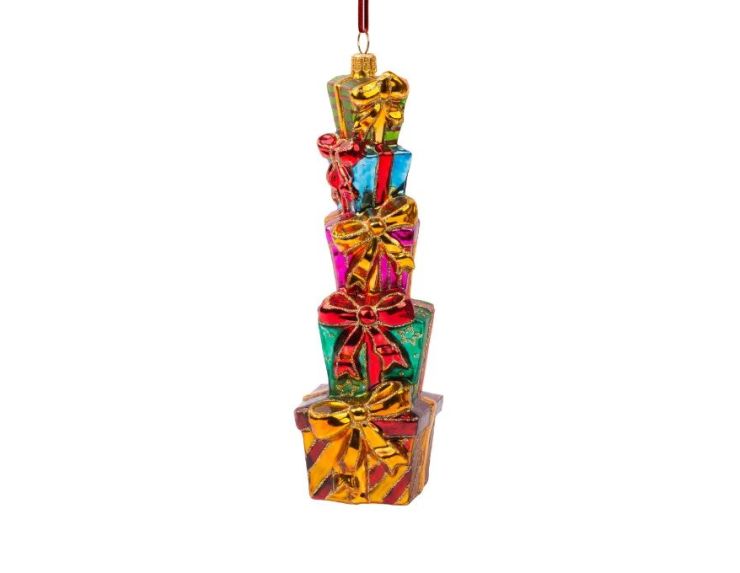Suspension de Noël pile cadeaux verre soufflé multicolore rouge or vert H18cm - Lilosquare