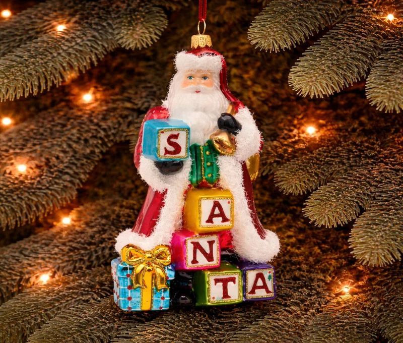 Suspension Noël Père Noël cubes SANTA verre soufflé peint main rouge multicolore H17cm - Lilosquare