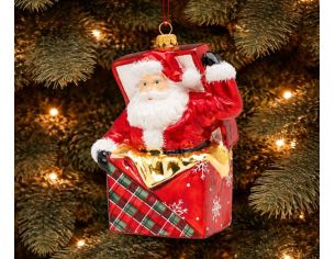 Suspension Noël Père Noël sort cadeau verre soufflé rouge tartan flocons H15cm - Lilosquare