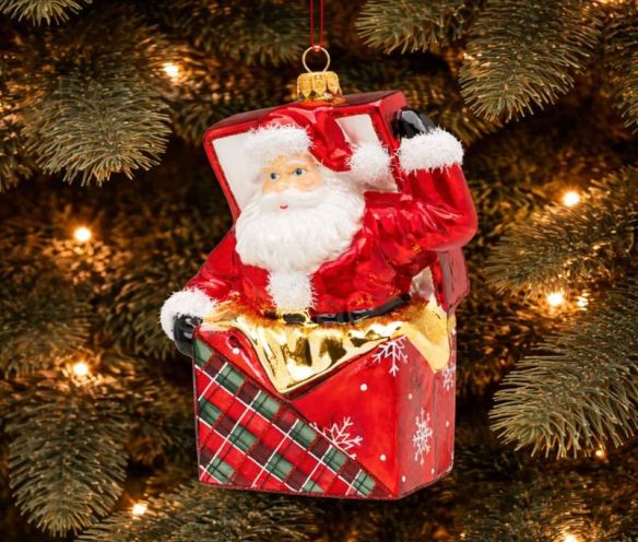 Suspension Noël Père Noël sort cadeau verre soufflé rouge tartan flocons H15cm - Lilosquare