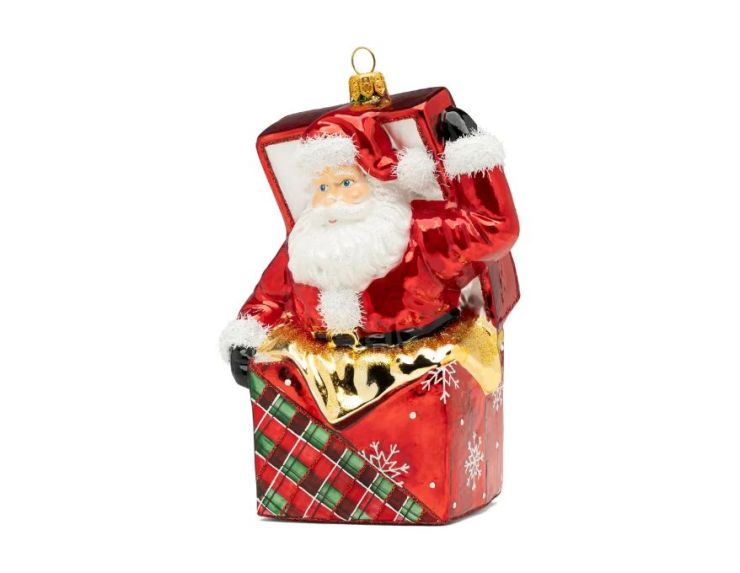 Suspension Noël Père Noël sort cadeau verre soufflé rouge tartan flocons H15cm - Lilosquare