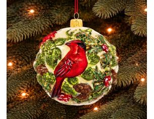 Boule de Noël cardinal rouge houx verre soufflé relief peint main Ø12cm - Lilosquare