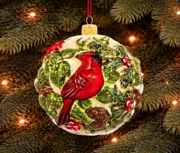 Boule de Noël cardinal rouge houx verre soufflé relief peint main Ø12cm - Lilosquare