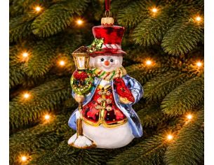 Suspension Noël bonhomme neige lanterne haut-de-forme rouge verre soufflé H17cm - Lilosquare