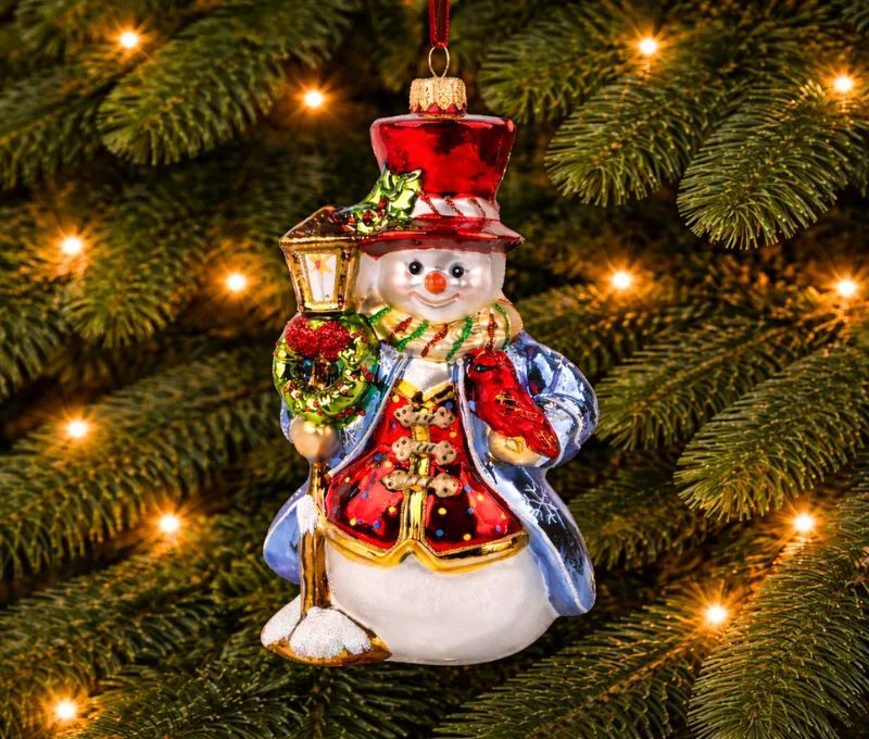 Suspension Noël bonhomme neige lanterne haut-de-forme rouge verre soufflé H17cm - Lilosquare