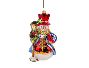 Suspension Noël bonhomme neige lanterne haut-de-forme rouge verre soufflé H17cm - Lilosquare