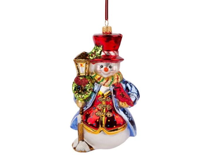 Suspension Noël bonhomme neige lanterne haut-de-forme rouge verre soufflé H17cm - Lilosquare