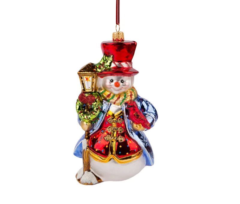 Suspension Noël bonhomme neige lanterne haut-de-forme rouge verre soufflé H17cm - Lilosquare