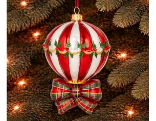 Suspension de Noël montgolfière rouge blanche avec un noeud tartan en verre soufflé décorée main. Hauteur 15cm.