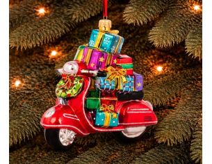 Suspension de Noël scooter rouge pile cadeaux multicolores verre soufflé H14cm - Lilosquare