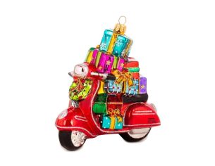 Suspension de Noël scooter rouge pile cadeaux multicolores verre soufflé H14cm - Lilosquare