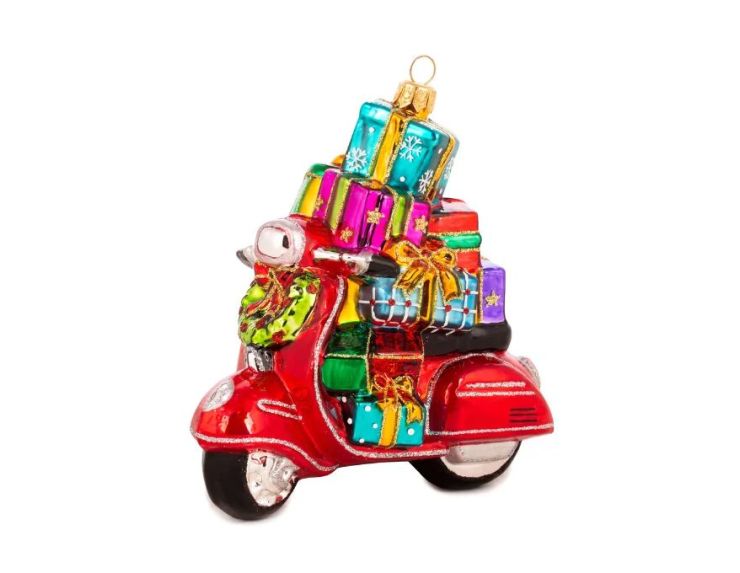 Suspension de Noël scooter rouge pile cadeaux multicolores verre soufflé H14cm - Lilosquare
