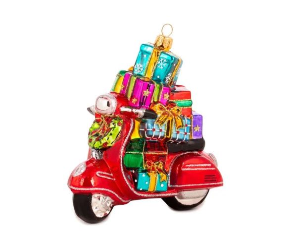 Suspension de Noël scooter rouge pile cadeaux multicolores verre soufflé H14cm - Lilosquare