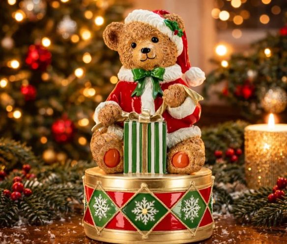 Figurine de Noël ours tambour LED polyrésine rouge vert or H30cm - Lilosquare