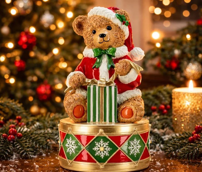 Figurine de Noël ours tambour LED polyrésine rouge vert or H30cm - Lilosquare