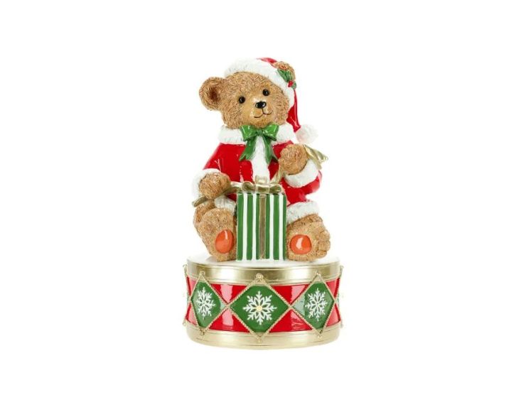 Figurine de Noël ours tambour LED polyrésine rouge vert or H30cm - Lilosquare