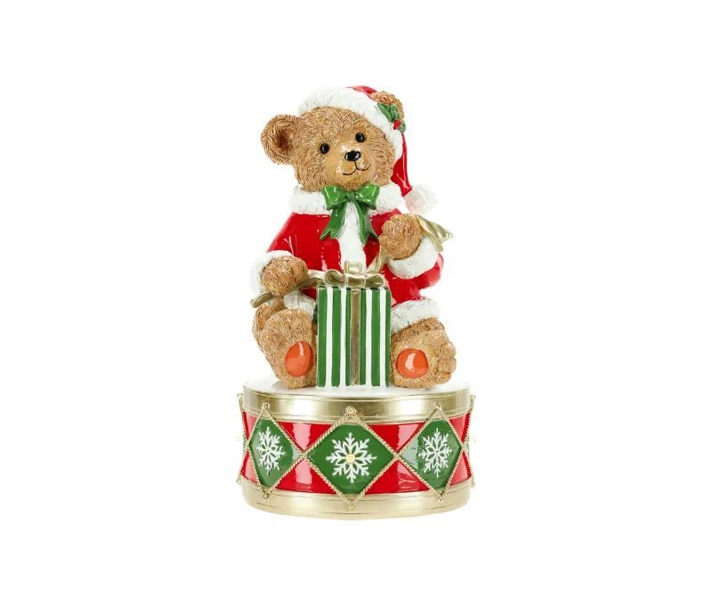 Figurine de Noël ours tambour LED polyrésine rouge vert or H30cm - Lilosquare