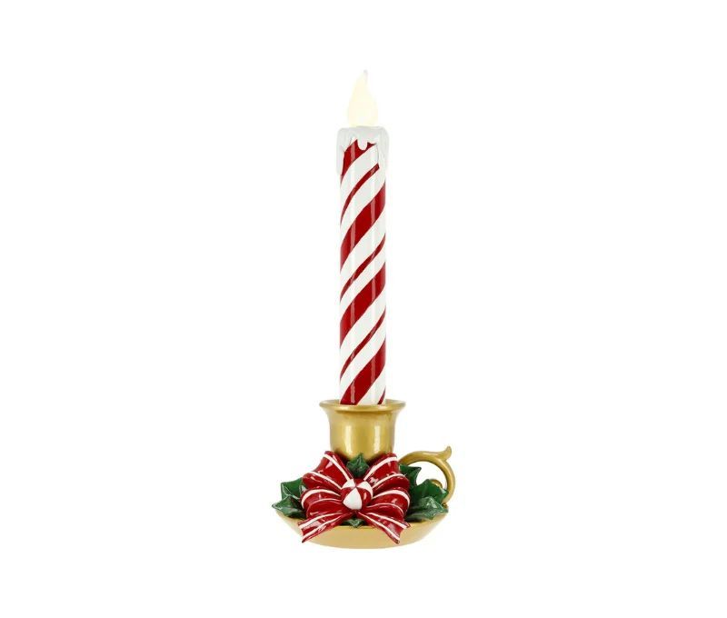 Bougie de Noël LED rayée rouge blanc bougeoir doré houx nœud H46cm - Lilosquare