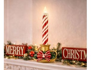 Bougie de Noël LED rayée rouge blanc bougeoir doré houx nœud H46cm - Lilosquare
