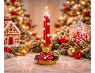 Bougie de Noël LED rouge pois blancs bougeoir or houx nœud H36cm - Lilosquare