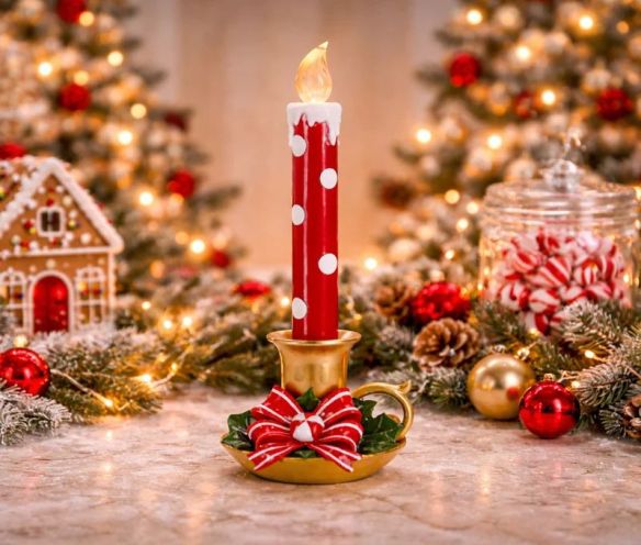 Bougie de Noël LED rouge pois blancs bougeoir or houx nœud H36cm - Lilosquare