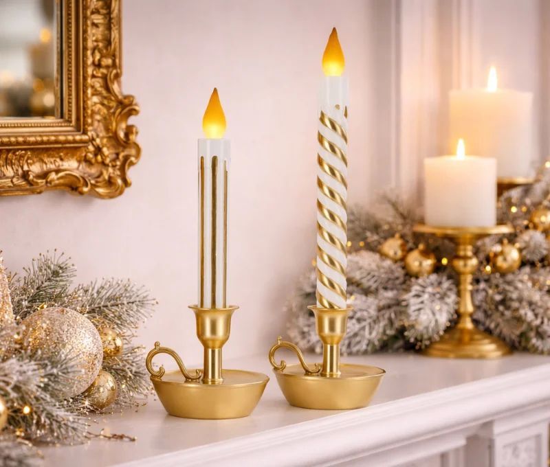 Bougie de Noël LED blanc or bougeoir doré flamme LED H32cm - Lilosquare