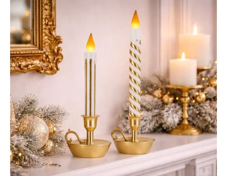 Bougie de Noël LED torsadée blanc or bougeoir doré flamme H39cm - Lilosquare