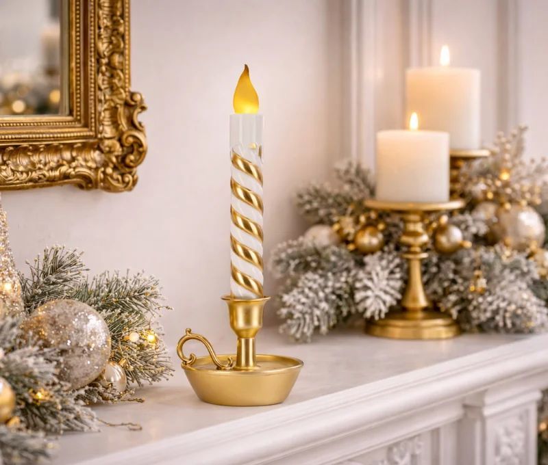 Bougie de Noël LED torsadée blanc or bougeoir doré flamme H39cm - Lilosquare