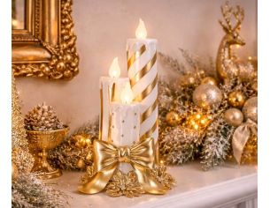 Trio bougies Noël LED blanc or rayées nœud doré poinsettia H41cm - Lilosquare