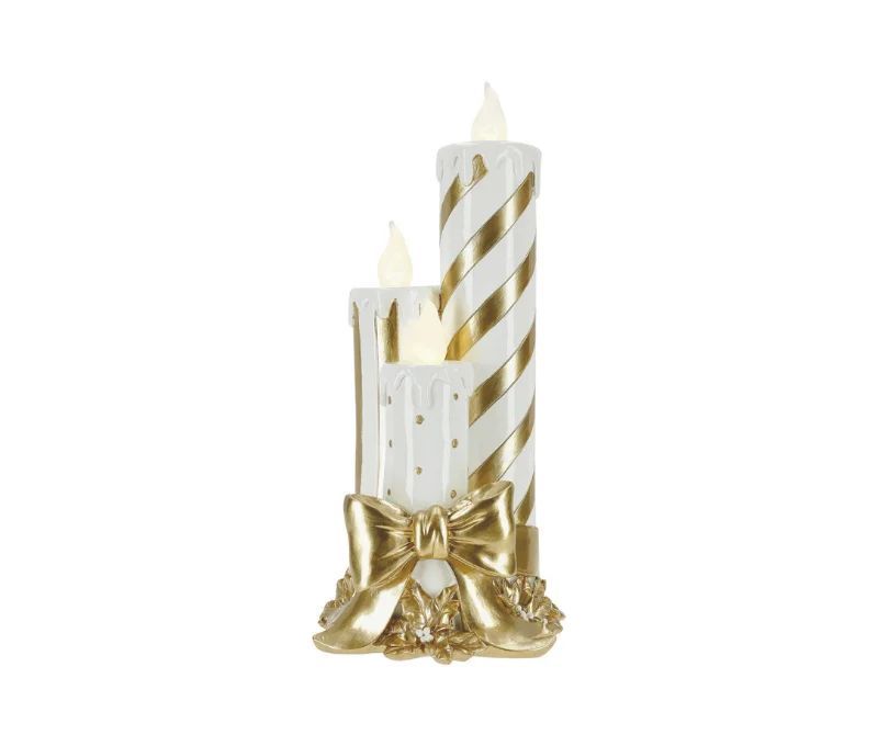 Trio bougies Noël LED blanc or rayées nœud doré poinsettia H41cm - Lilosquare