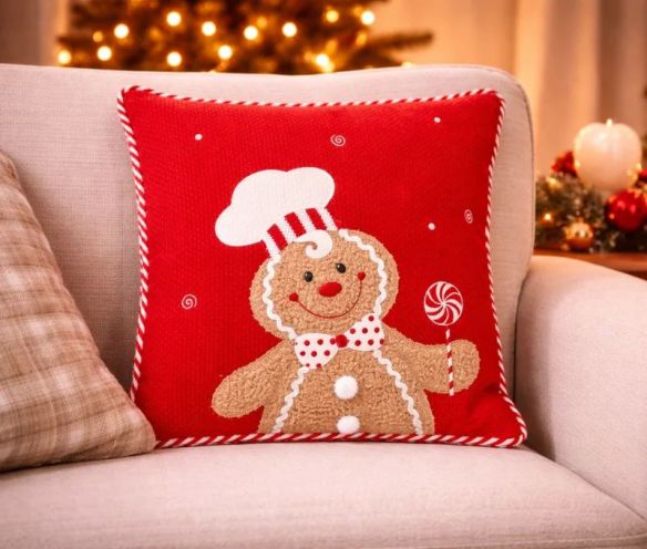 Coussin de Noël pain d'épices rouge Gustave sucette chapeau chef 37x37cm - Lilosquare