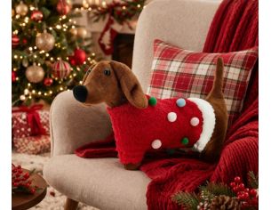 Coussin Noël teckel Schnitzel pull rouge pompons multicolores 43x28cm - Lilosquare