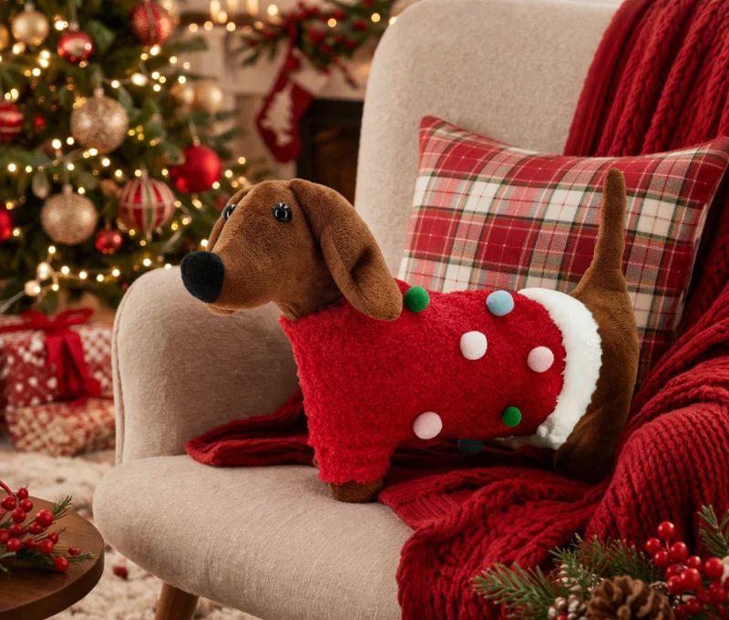 Coussin Noël teckel Schnitzel pull rouge pompons multicolores 43x28cm - Lilosquare