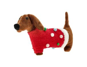 Coussin Noël teckel Schnitzel pull rouge pompons multicolores 43x28cm - Lilosquare