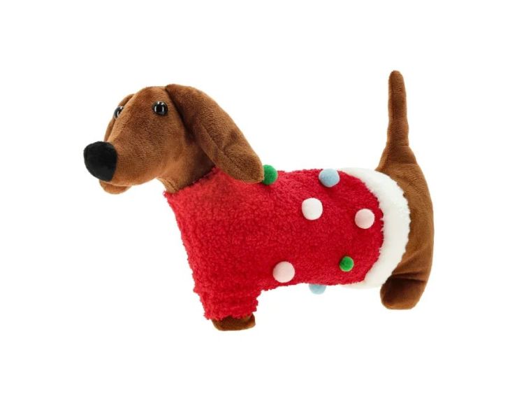 Coussin Noël teckel Schnitzel pull rouge pompons multicolores 43x28cm - Lilosquare