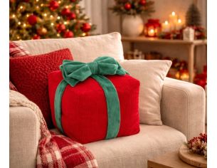 Coussin de Noël forme cadeau rouge velours côtelé nœud vert 24x24cm - Lilosquare