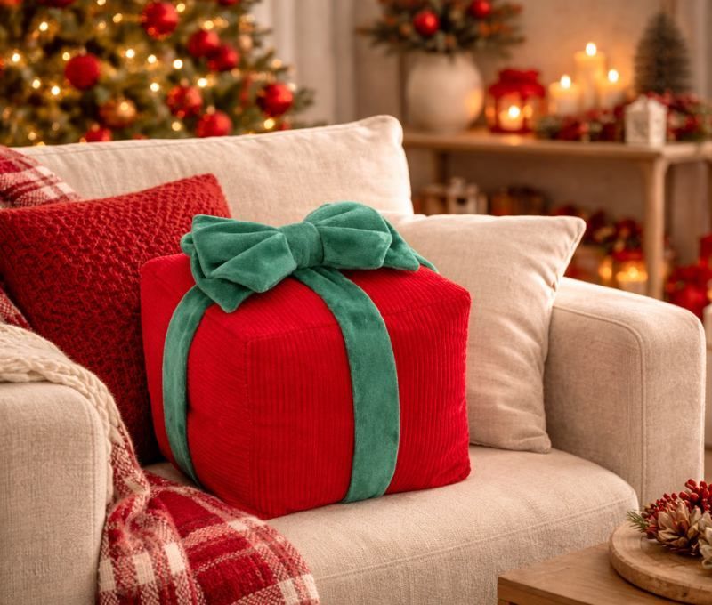 Coussin de Noël forme cadeau rouge velours côtelé nœud vert 24x24cm - Lilosquare