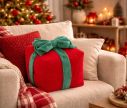 Voir la slide Coussin de Noël forme cadeau rouge velours côtelé nœud vert 24x24cm - Lilosquare