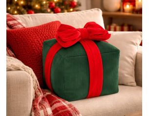 Coussin de Noël forme cadeau vert velours côtelé nœud rouge 30x30cm - Lilosquare