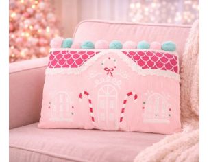 Coussin Noël maison bonbon rose fuchsia pompons menthe cannes à sucre 40x27cm - Lilosquare