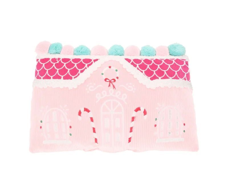Coussin Noël maison bonbon rose fuchsia pompons menthe cannes à sucre 40x27cm - Lilosquare