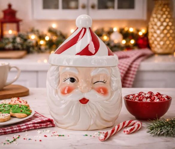 Boîte à biscuits Père Noël céramique rouge blanc chapeau rayé H26cm - Lilosquare