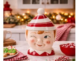 Boîte à biscuits lutin elfe céramique rouge blanc chapeau rayé clin d'œil H26cm - Lilosquare