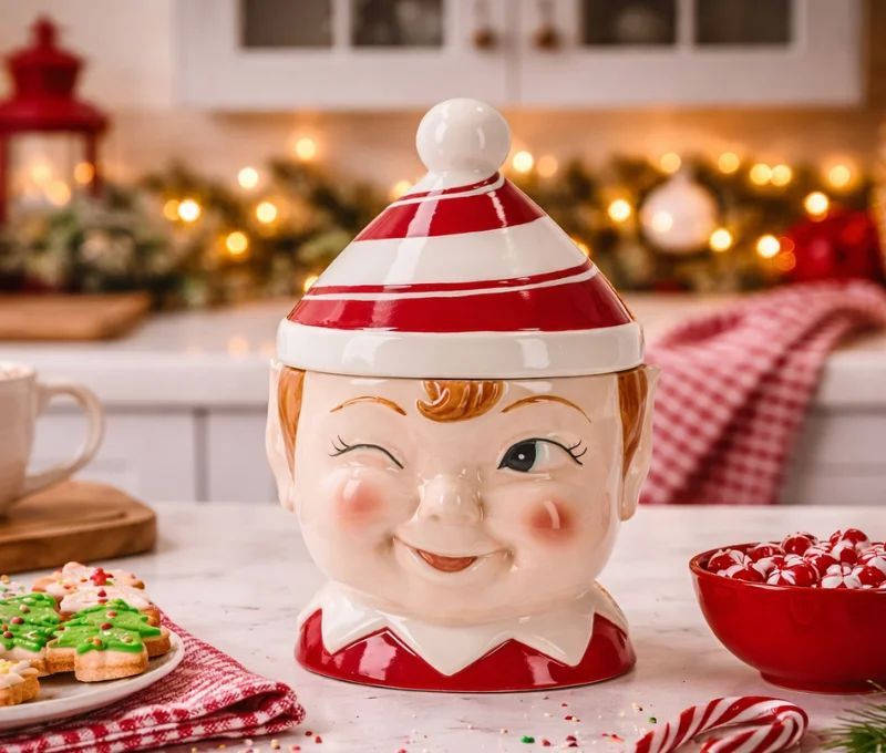 Boîte à biscuits lutin elfe céramique rouge blanc chapeau rayé clin d'œil H26cm - Lilosquare